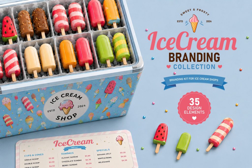 Ice cream branding kit with vector illustrations, packaging design elements and seamless patterns