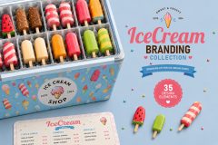 Ice cream branding kit with vector illustrations, packaging design elements and seamless patterns