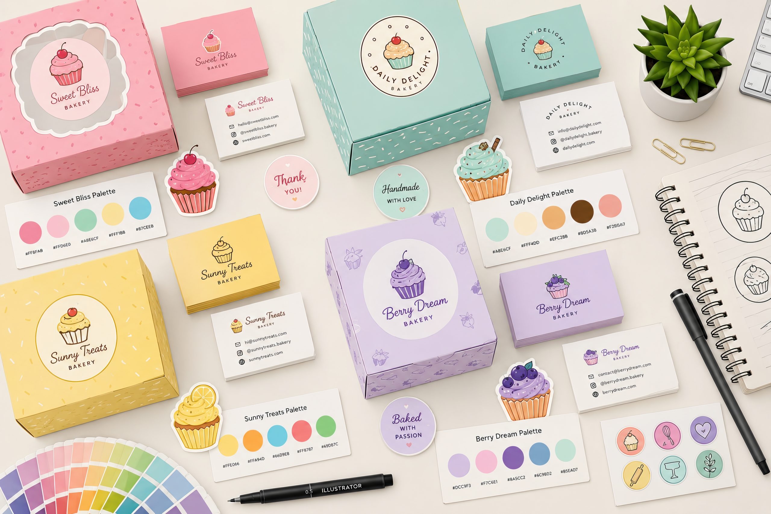Bakery color palette examples for cupcake branding and packaging