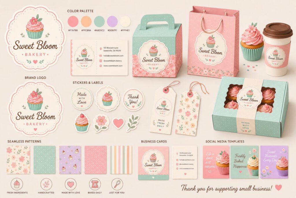 Complete bakery branding kit with matching color palette