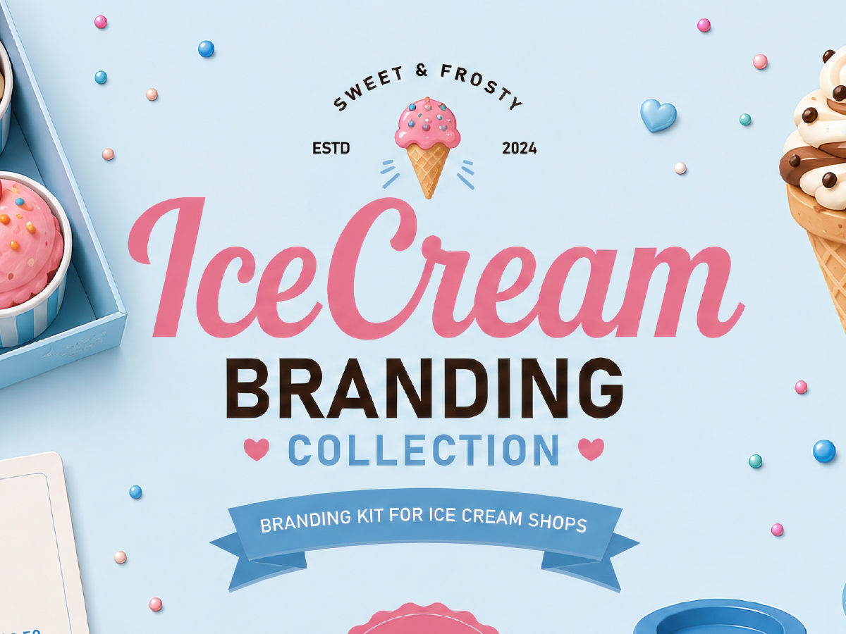 Ice Cream Branding Collection packaging mockup with pastel ice cream cones, cups and a branded menu card