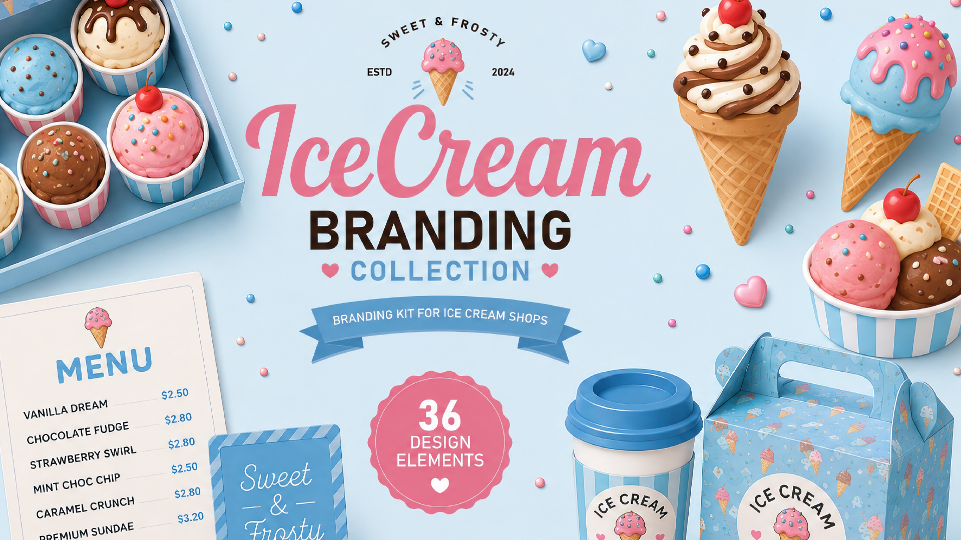 Ice Cream Branding Collection hero image showing pastel ice cream packaging, cones, cupcakes and a shop menu card