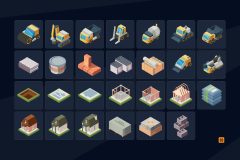 Complete isometric construction asset collection featuring vehicles materials buildings and construction workflow elements