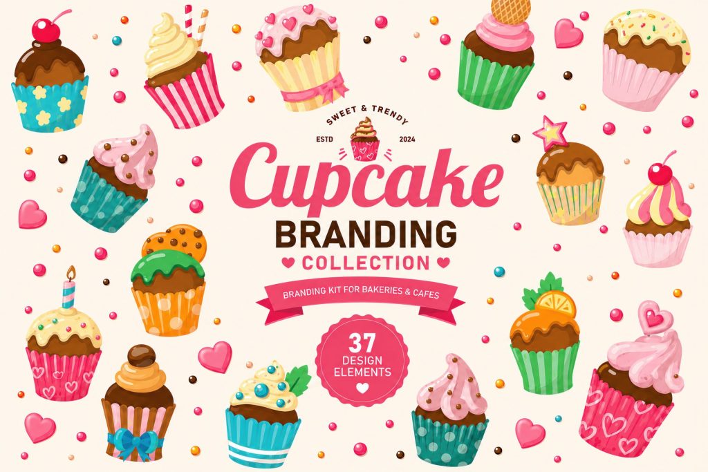 Cupcake Branding Kit cover with vector illustrations and patterns