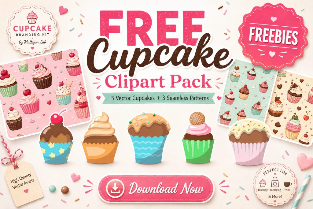 Free cupcake clipart pack featuring 5 vector cupcakes and 3 seamless patterns for bakery branding