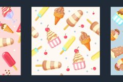 Three free ice cream seamless patterns in pink, orange and blue colorways