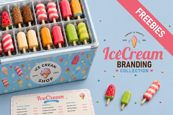 Free Ice Cream Vector Pack cover with colorful popsicles and Ice Cream Branding Collection packaging
