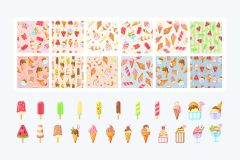 Ice cream branding kit overview with seamless patterns and vector illustrations
