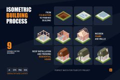 Isometric building process showing excavation foundation frame construction wall installation roof structure and completed house