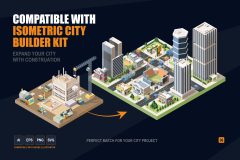 Construction assets integrated into an isometric city builder environment with roads skyscrapers residential buildings and urban infrastructure