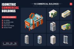 Isometric commercial buildings vector collection — 18 fully editable city builder assets
