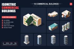 Isometric commercial buildings vector collection, set 2 — 18 additional editable city buildings