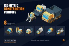 Editable isometric construction vehicles including dump truck excavator forklift concrete mixer bulldozer and crane truck