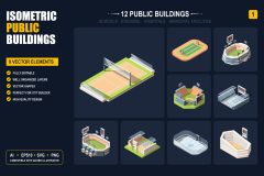 Isometric public buildings and stadium assets — editable sports arena and stadium vectors