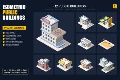 Isometric public buildings assets — hospital, shop and community building vectors