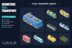 Isometric rail transport assets — train, tram and bus vectors