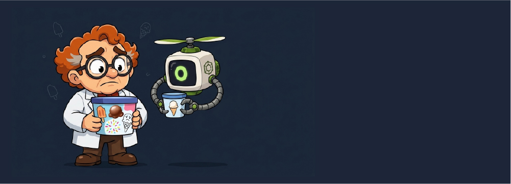 Professor Multigon holds a tub showing ice cream branding gone wrong, crammed with mismatched illustration styles, while the Drone holds a small clean alternative package for comparison