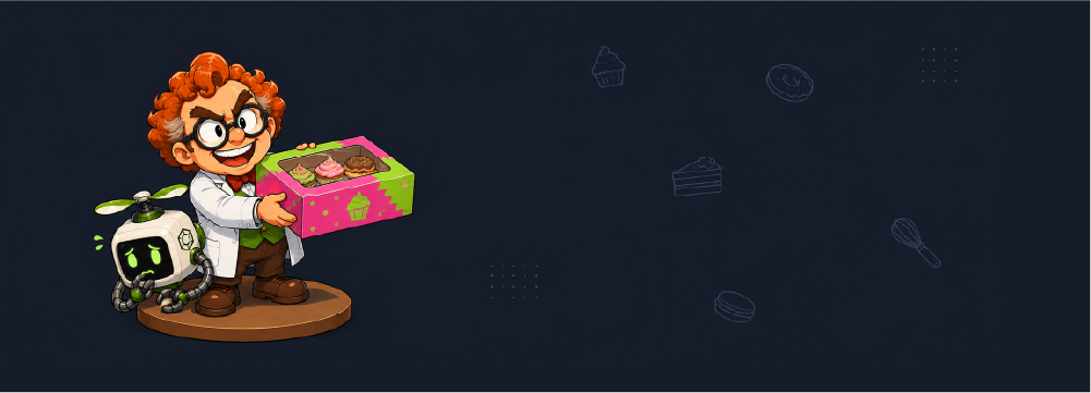 Professor Multigon proudly presents a bakery box in clashing neon pink and green colors while the Drone reacts with an awkward, hesitant expression