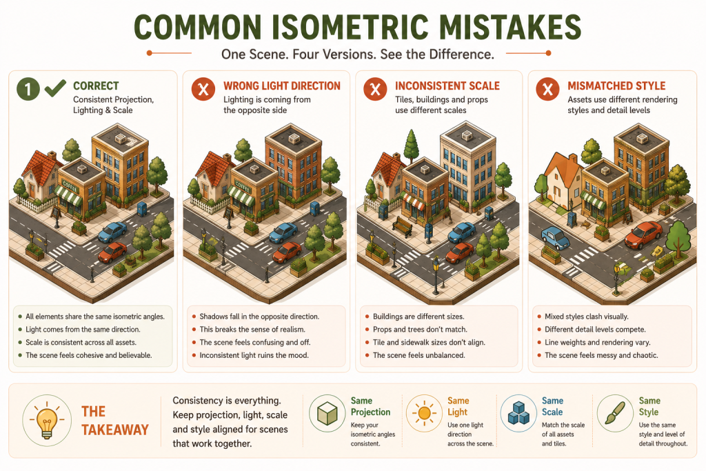 Four-panel infographic comparing a correct isometric scene against common mistakes: wrong light direction, inconsistent scale, and mismatched style