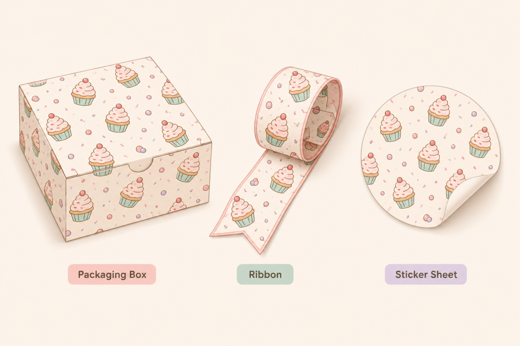 Cupcake seamless pattern applied to a packaging box, ribbon and sticker sheet