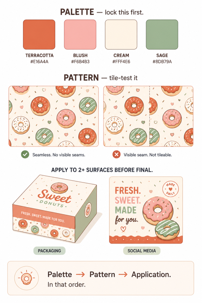 Donut branding design system grid showing palette, illustration style, pattern, packaging and social template