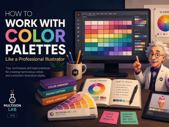 Illustrator's workspace with color palette swatches, a color wheel and the MultigonLab professor mascot