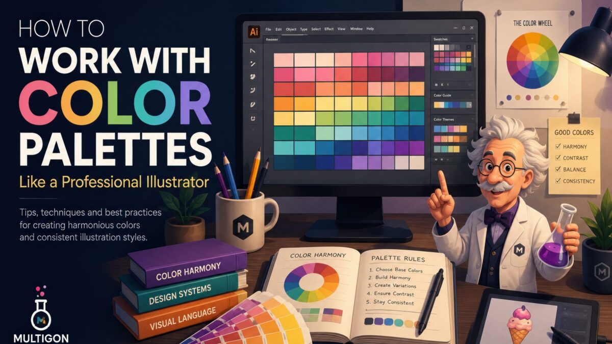 Illustrator's desk with color palette swatches, a color wheel and the MultigonLab professor mascot demonstrating color selection