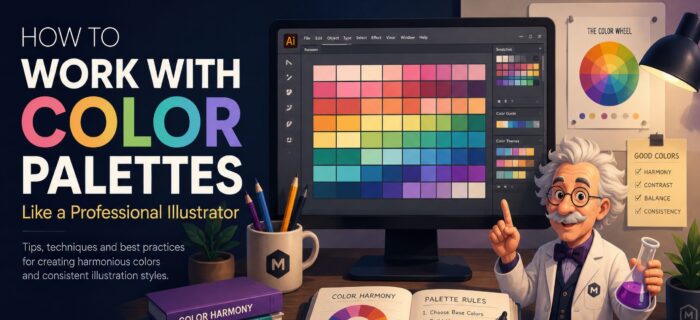 Color palette workspace preview with swatches, color wheel and professor mascot