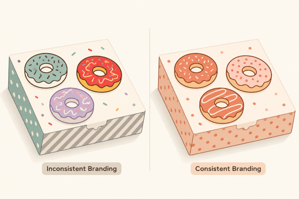 Comparison of inconsistent versus consistent donut bakery branding on packaging boxes