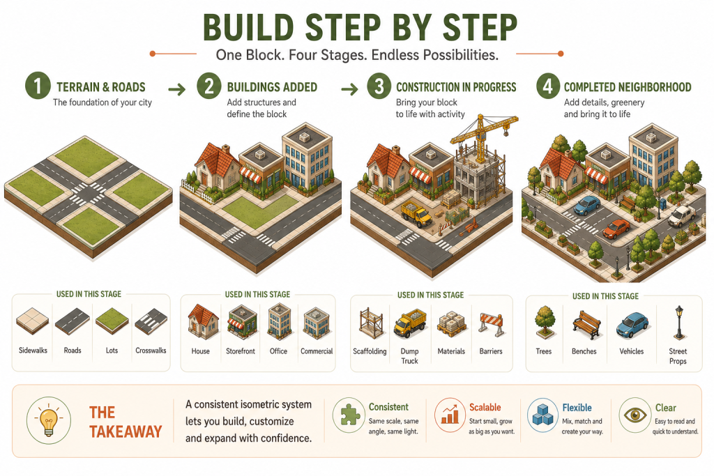 Four-stage workflow infographic showing how to build an isometric city block from terrain to completed neighborhood