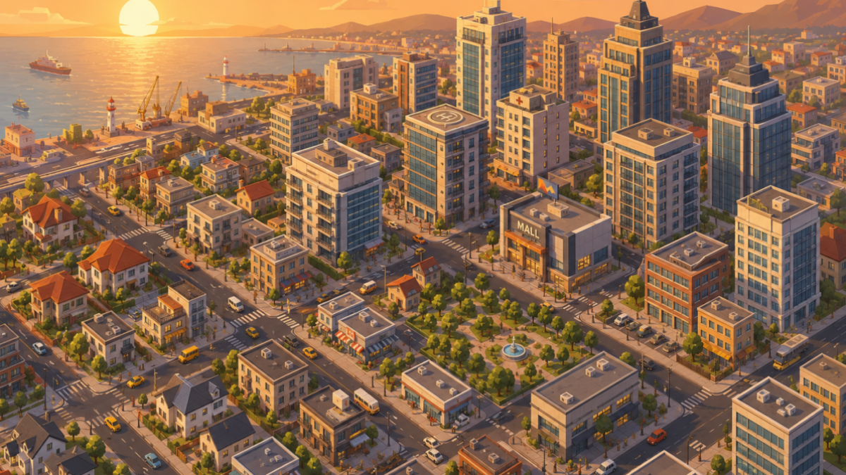 Isometric city skyline at sunset showing mixed residential and commercial buildings, roads and a harbor