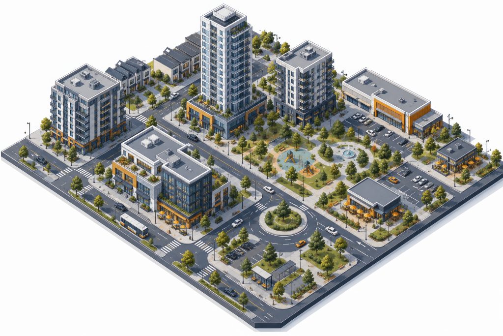 Detailed isometric master-plan illustration of a mixed-use development showing buildings, roads, and landscaping in a single cohesive scene