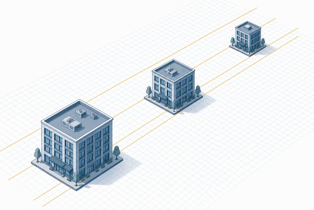 Isometric diagram showing parallel guide lines proving building edges stay parallel and proportional at every distance on the grid