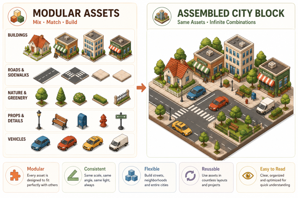 Infographic showing modular isometric city assets assembled into one cohesive city block