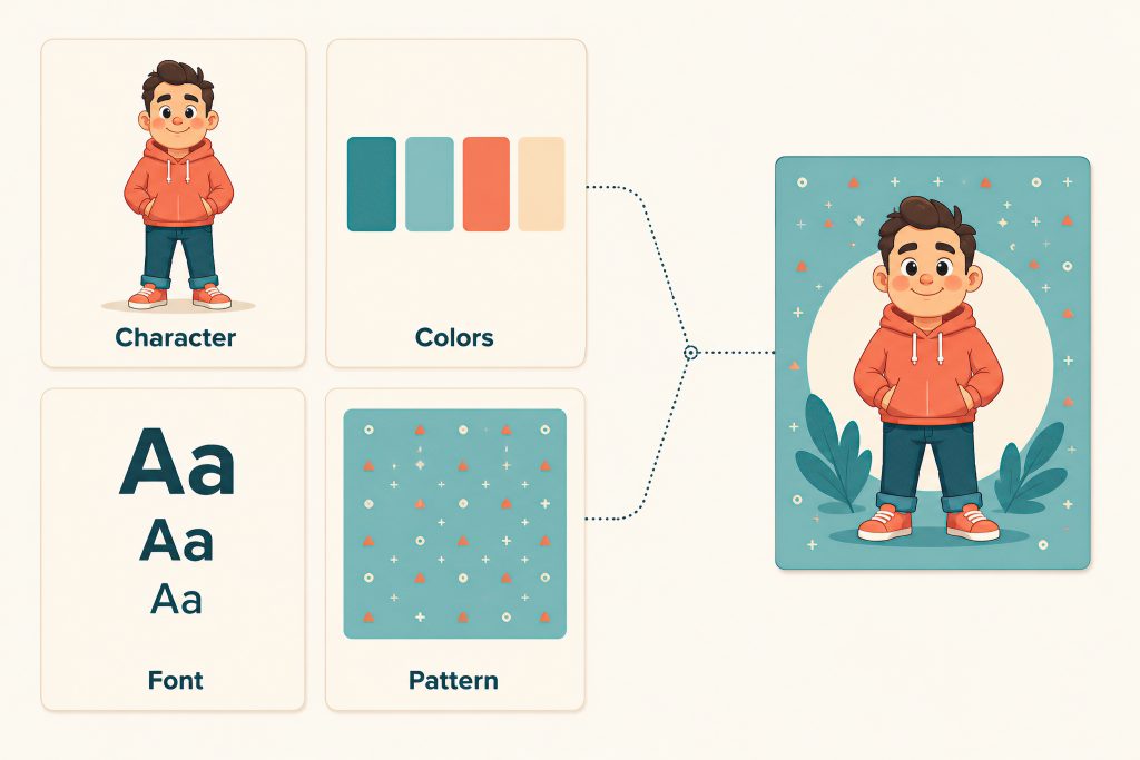 Diagram showing four simple pieces — character, colors, font, and pattern — combining into one brand look