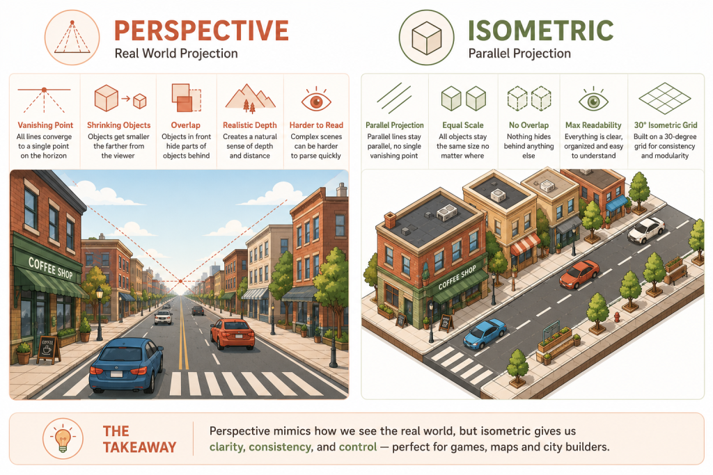 Comparison infographic showing perspective projection versus isometric design for city-builder game art
