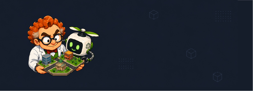 Professor Multigon holds a small isometric city diorama close to his chest while the Drone peers at it with puzzled curiosity