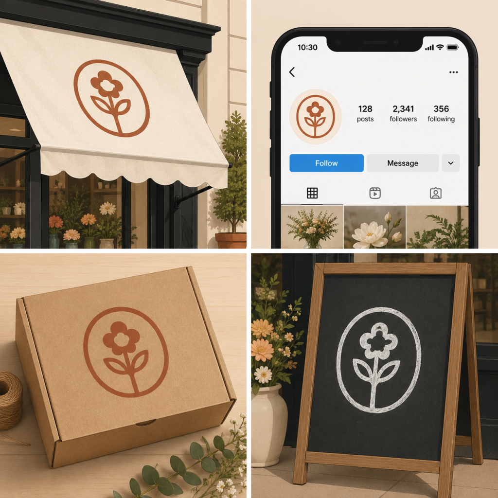 One flower shop logo shown consistently across an awning, an Instagram icon, delivery packaging, and a chalkboard menu