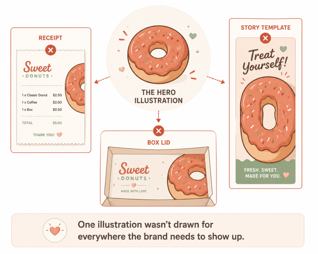 Single donut illustration awkwardly reused across a receipt, Instagram story and box lid